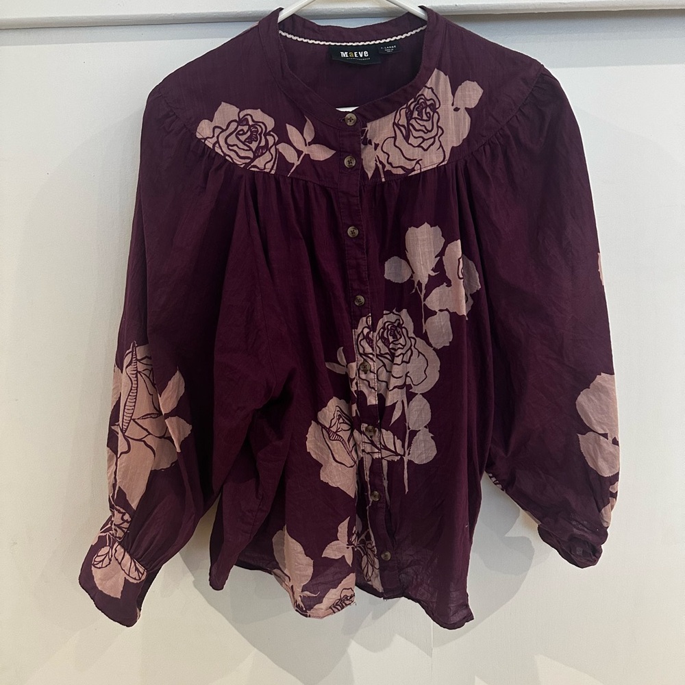 Maeve by Anthropologie Plum Button-Front Floral Blouse